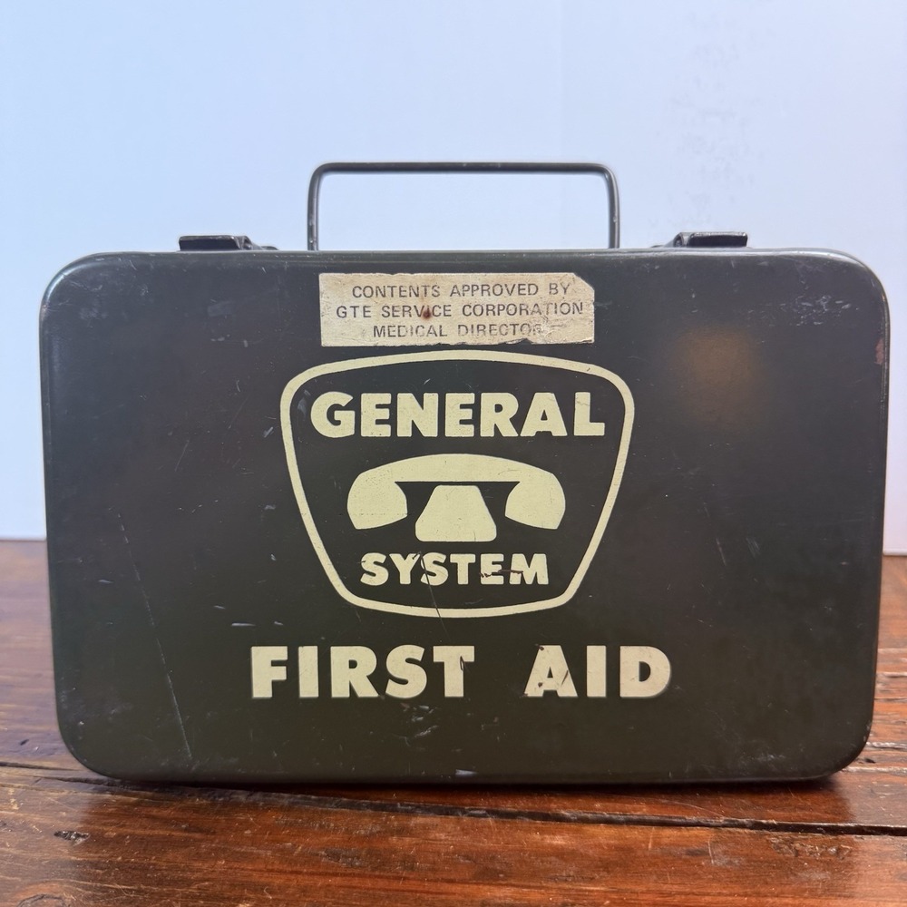 Vintage General System Telephone First Aid Kit Green Metal Box 8" c.1940s-50s